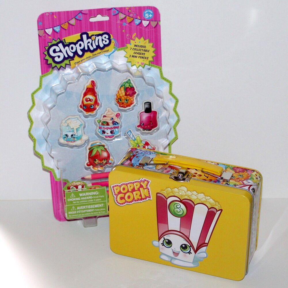 Lot Shopkins Poppy Corn Lunch Box + Collectable 7 Erasers and pencils toy kids